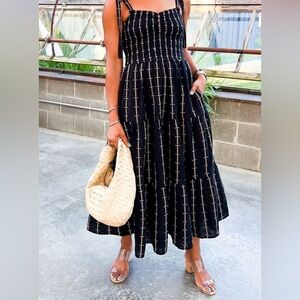 Madewell Lucie Black and Cream shoulder tie Smocked Midi Dress